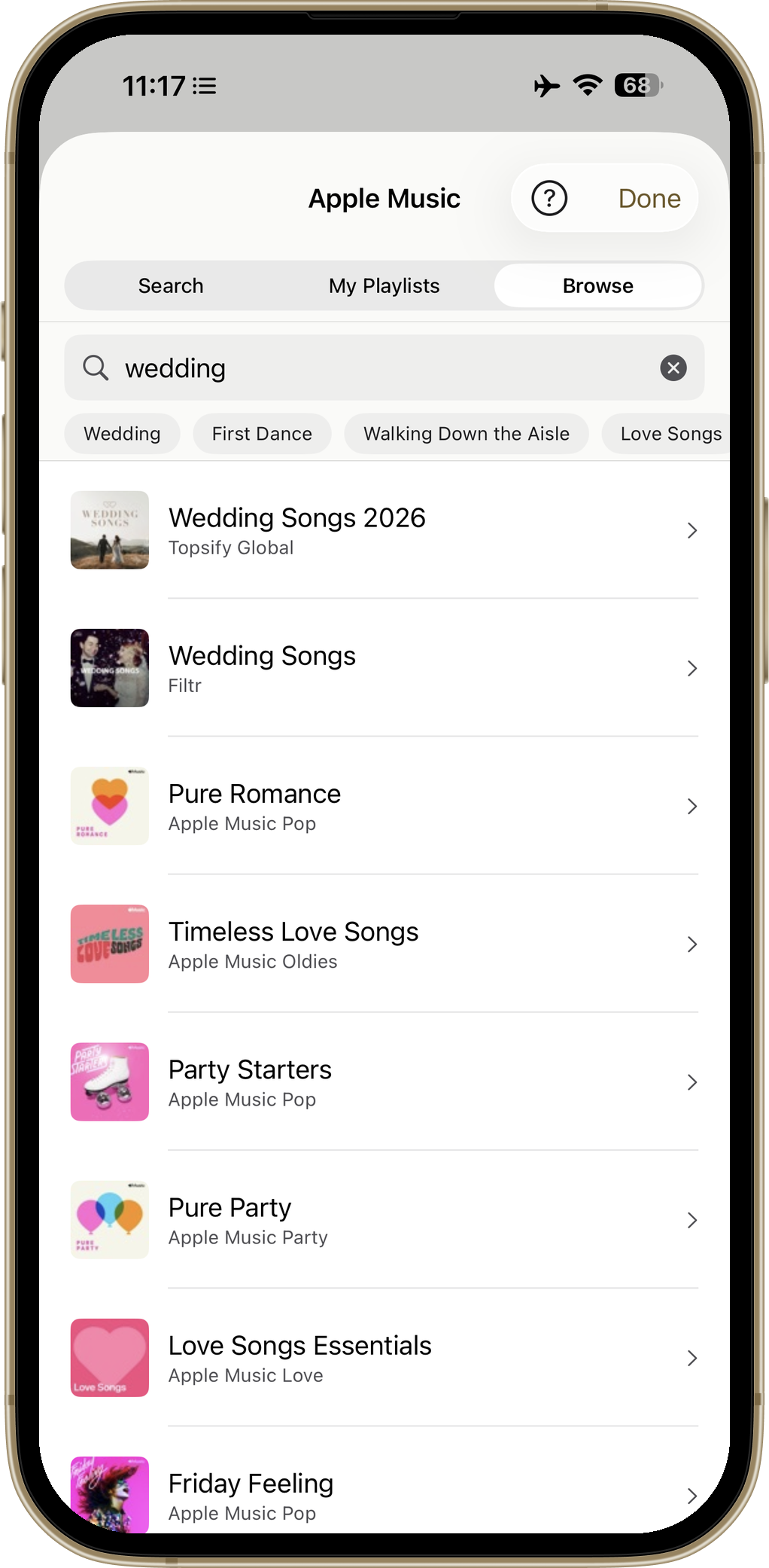 Apple Music search inside Wedding Player