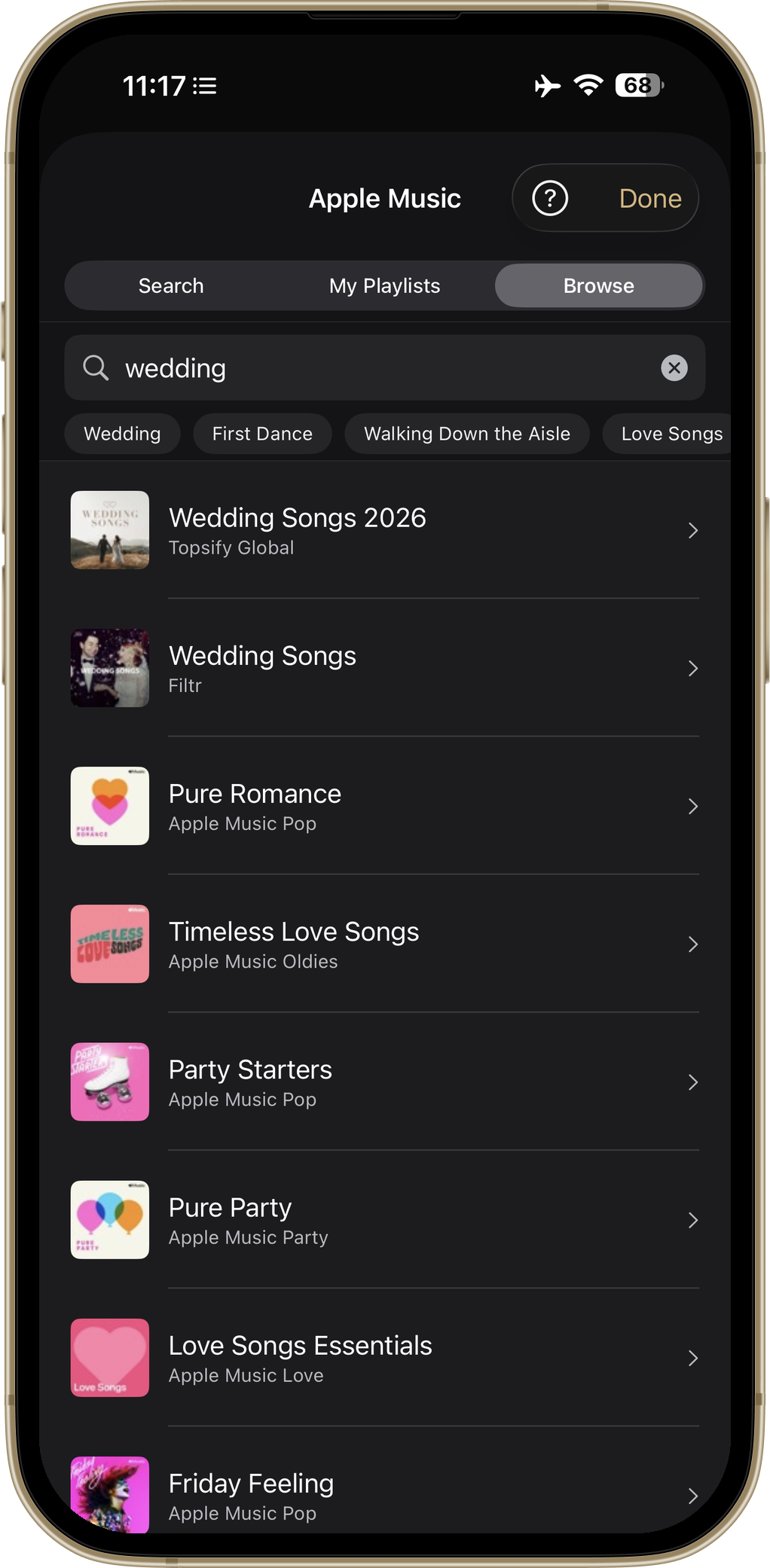 Apple Music search inside Wedding Player