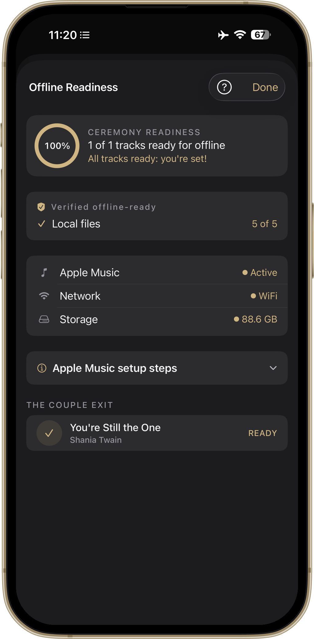 Offline Readiness check verifying all tracks are stored on device