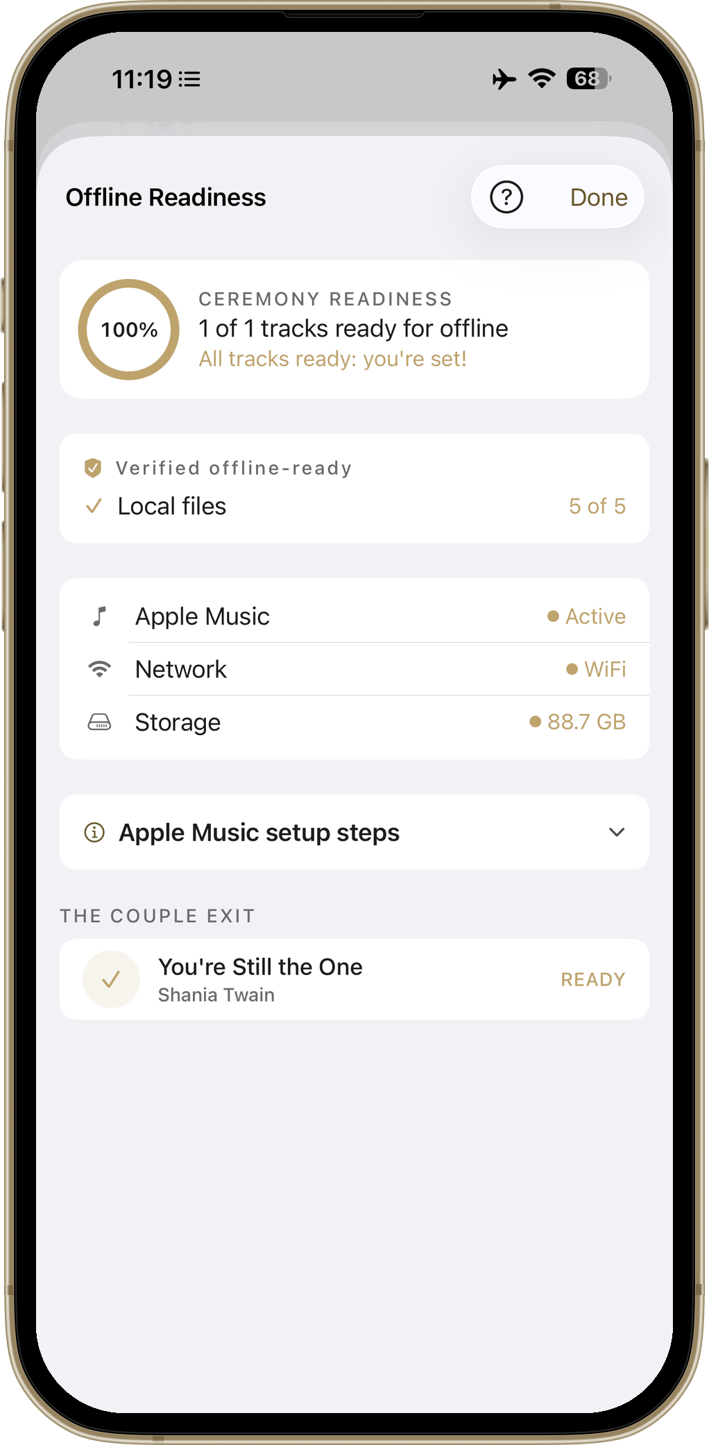 Offline Readiness check verifying all tracks are stored on device